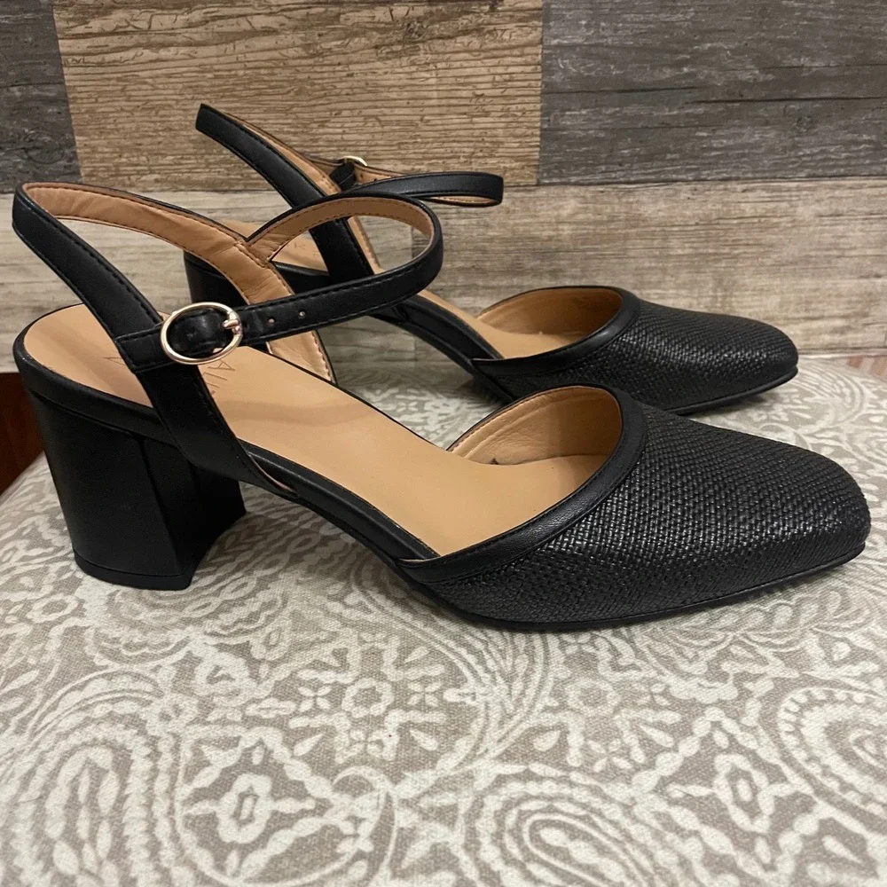 Naturalizer Wave Black Woven Square Toe Ankle Strap Block Heel Shoes Women's 9M - Picture 4 of 8